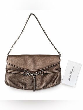 Salvatore Ferragamo Bronze Metallic Leather Chain Clutch Shoulder Bag Italy Auth